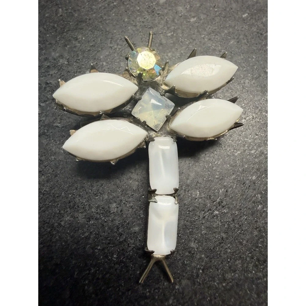 Vintage White Milk Glass Rhinestone Dragonfly Brooch AB‎ Crystal 2